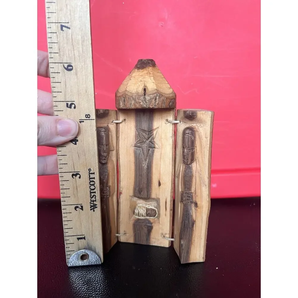 Christmas Nativity Holy Family Hand Carved Wood Vintage 3 Panels Attached